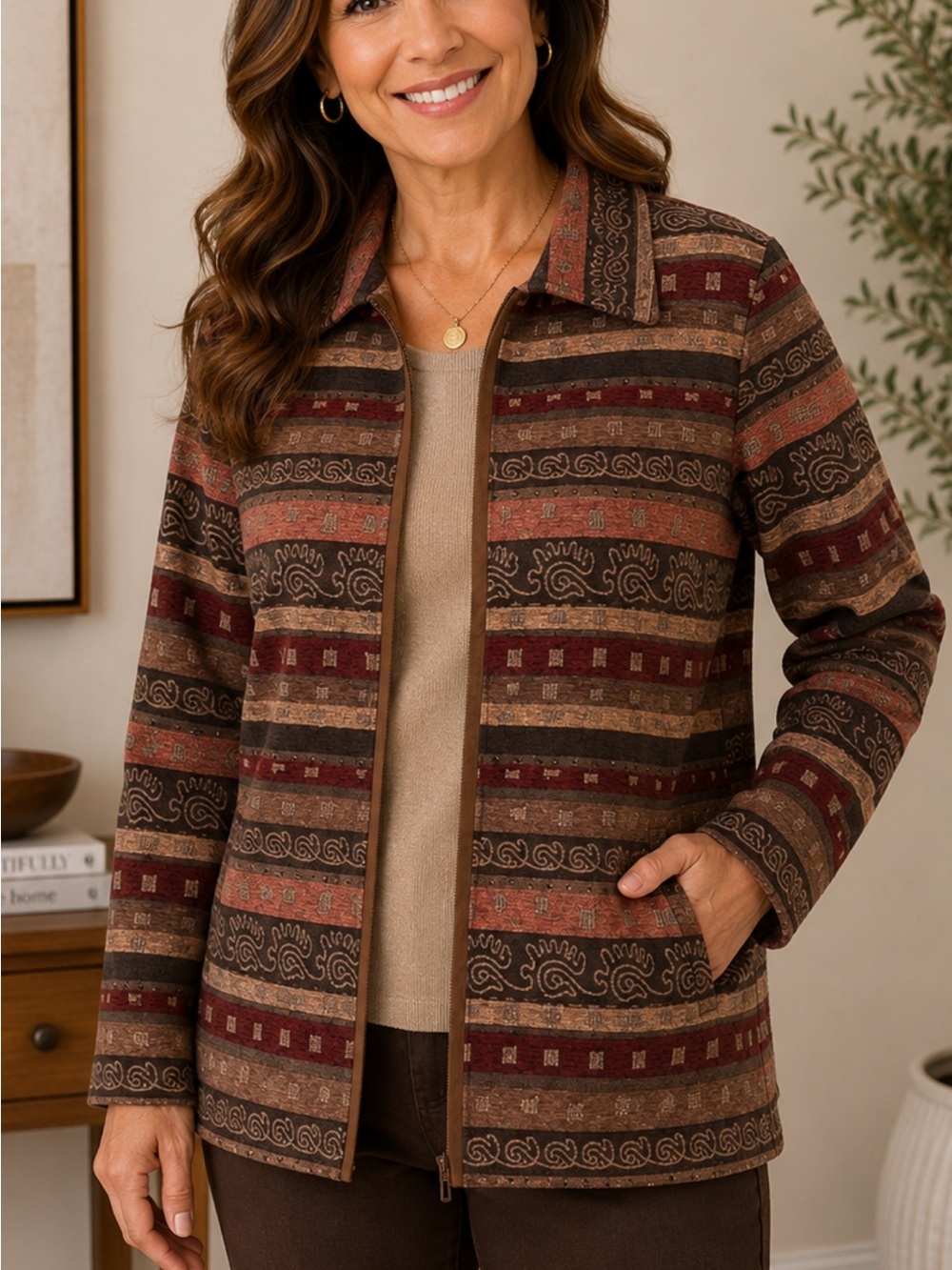 Alfred Dunner Striped Pattern Jacket in Brown and Burgundy